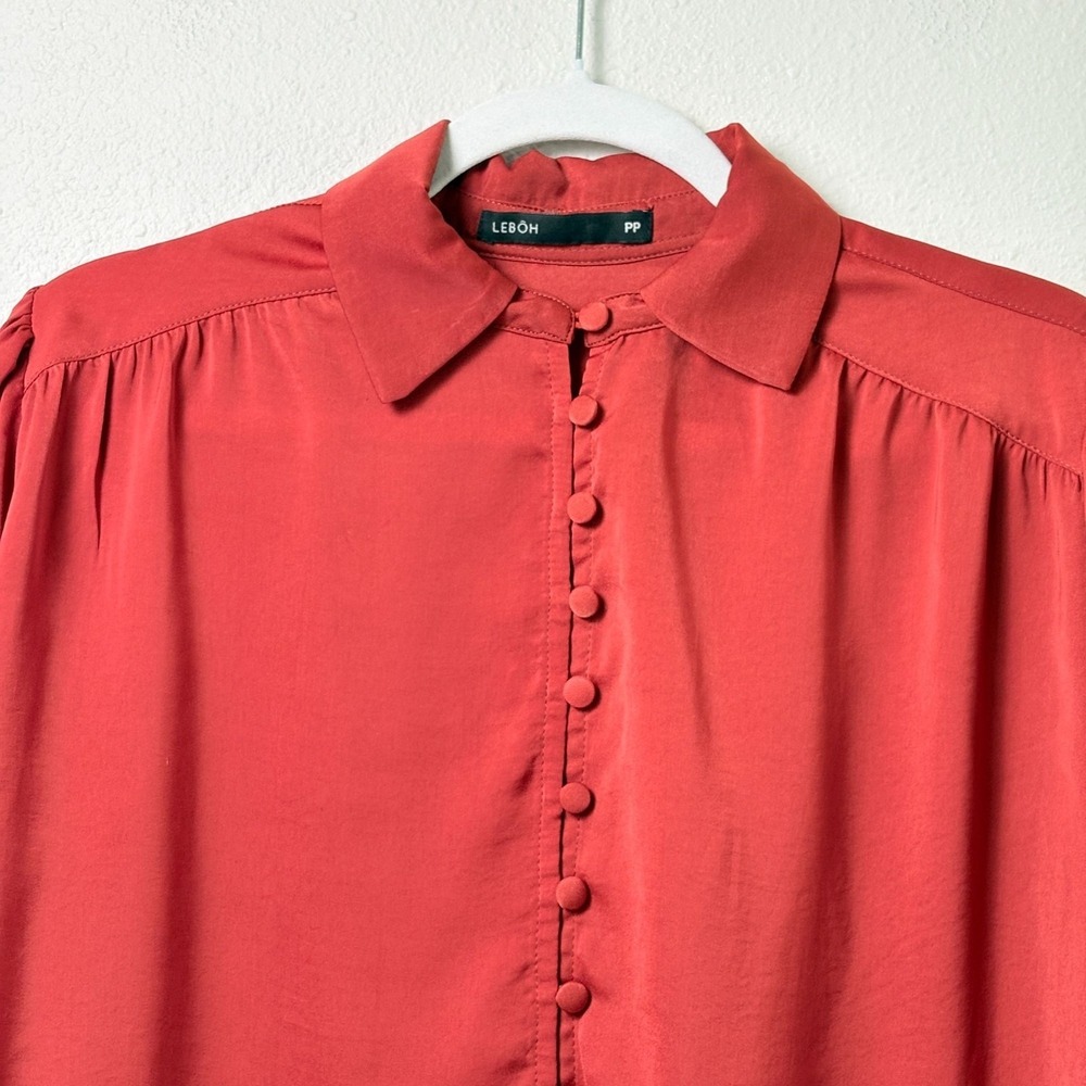 Lebôh Button Front Blouse SIze PP Orange Rust Satin Flounce Long Sleeve Top - Picture 2 of 11